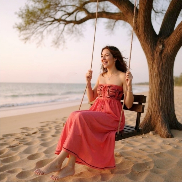 Esley ✦ Coral Strapless Midi Dress ✦ Embroidered w/ Lace-Up Bust & Boho Hem Sz S - Picture 3 of 13